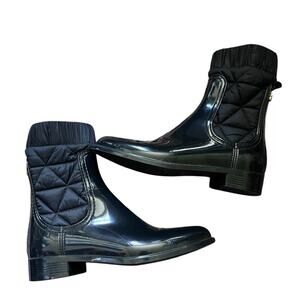 Lemon Jelly | Quilted Pleather Rain Boots Preppy Nautical Coastal Black Size 38
